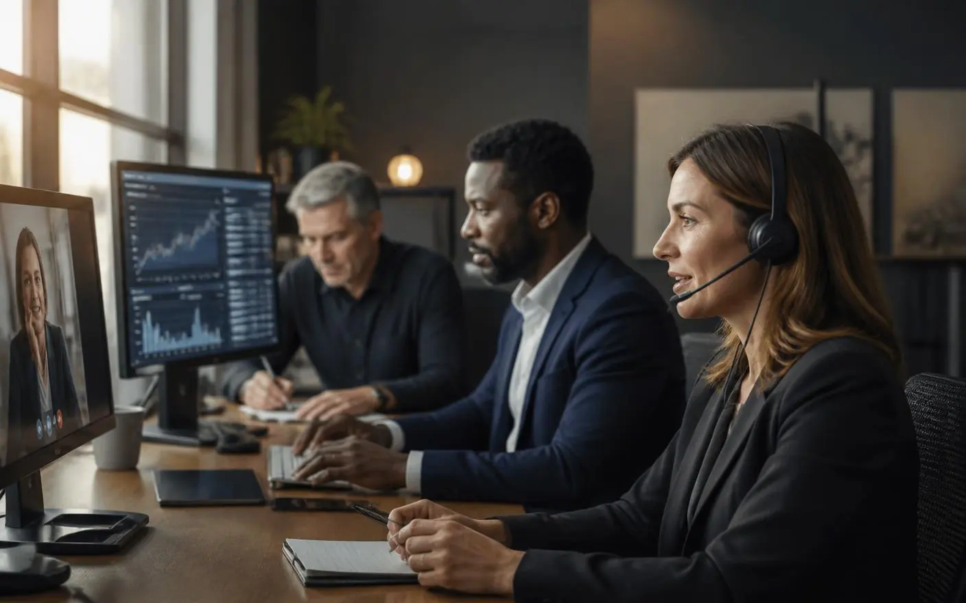 Equipe sênior e diversa da Ceyx em atendimento financeiro online