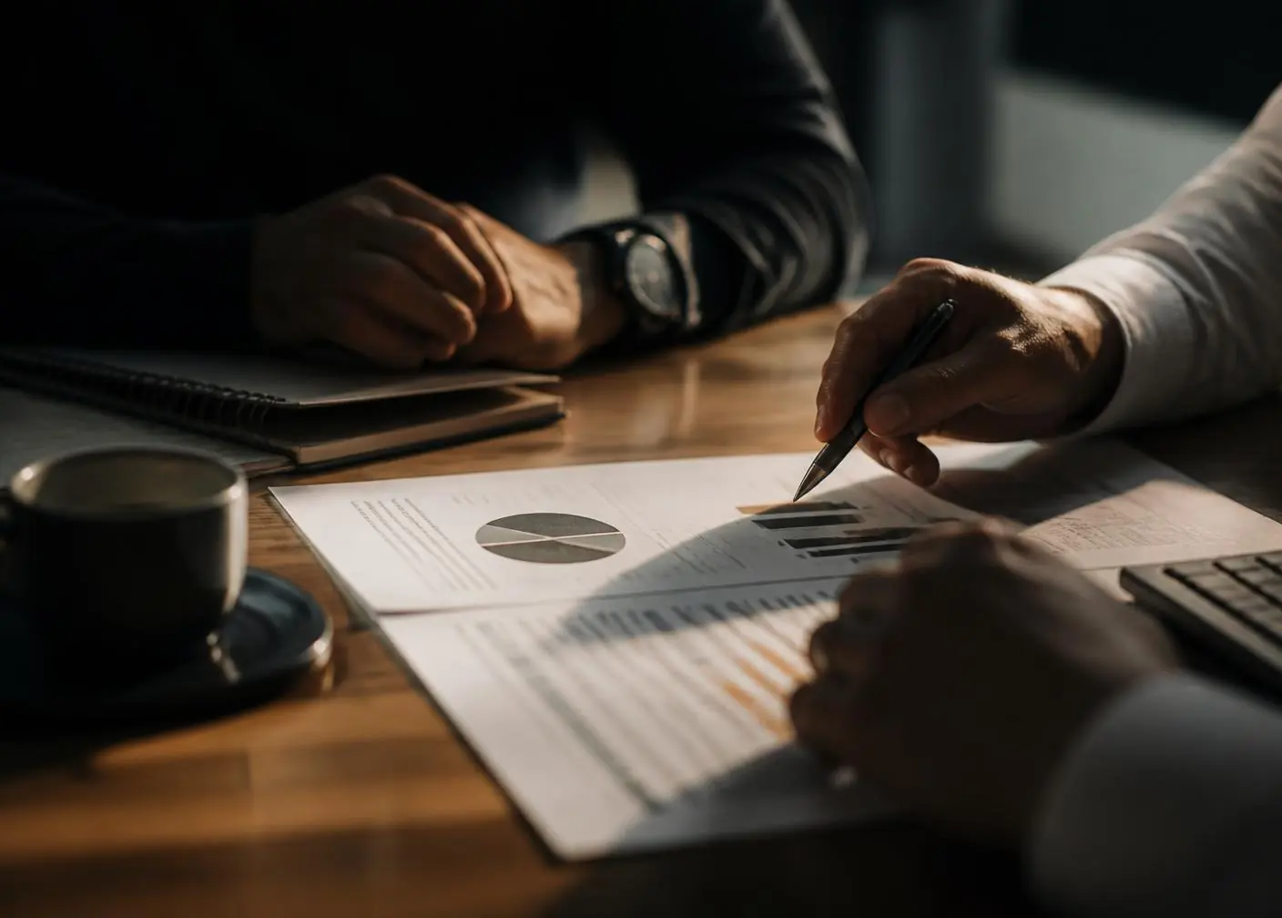 Consultor financeiro e empresário analisando relatórios sobre a mesa