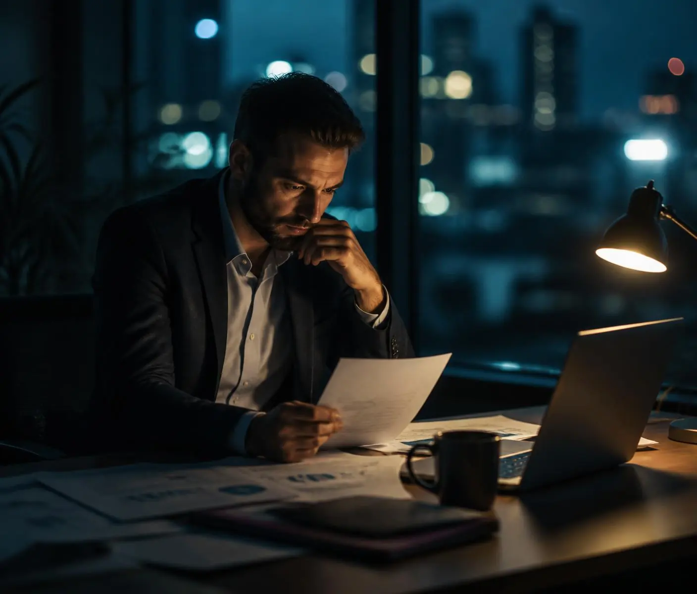 Empresário sozinho à noite analisando os relatórios financeiros da empresa